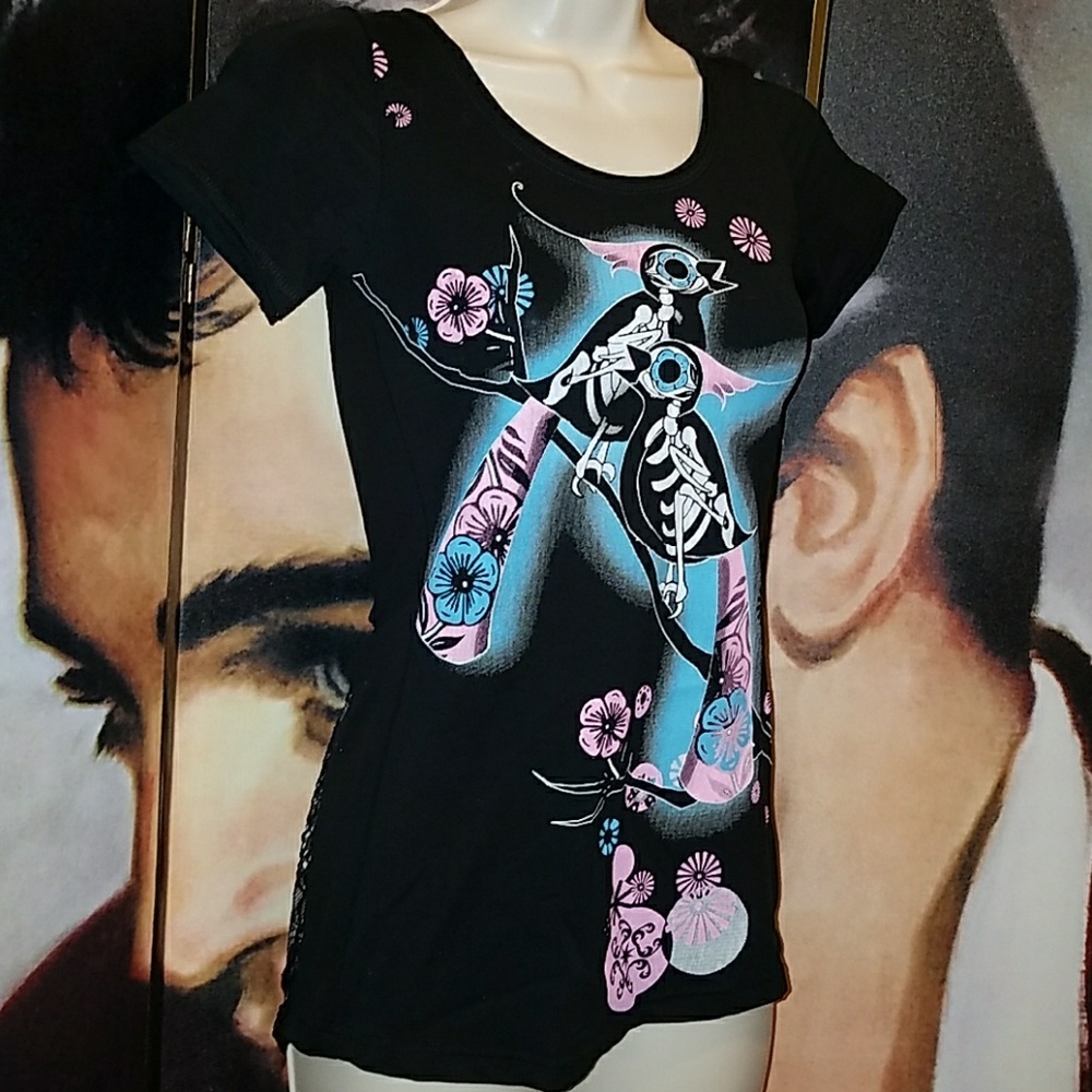Too Fast Skeleton Bird Top w Black Lace Back Large Pink Polka Dot Bow - Picture 6 of 8